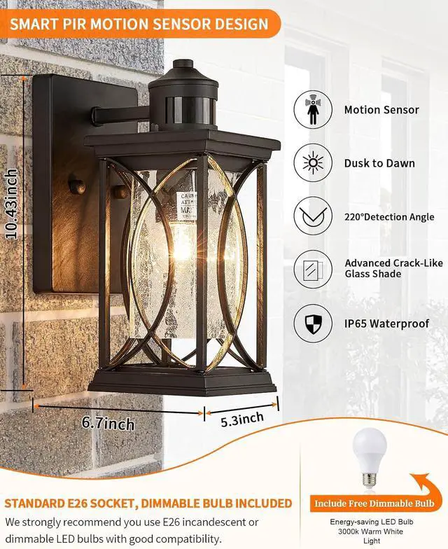 Alt view image 5 of 7 - Motion Sensor Outdoor Wall Light with Dimmable Bulb, Modern Dusk to Dawn Exterior Light Fixture Wall Mount Porch Light Black with Crack-Like Glass Coach Lantern for House Garage