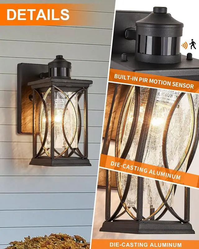 Alt view image 6 of 7 - Motion Sensor Outdoor Wall Light with Dimmable Bulb, Modern Dusk to Dawn Exterior Light Fixture Wall Mount Porch Light Black with Crack-Like Glass Coach Lantern for House Garage
