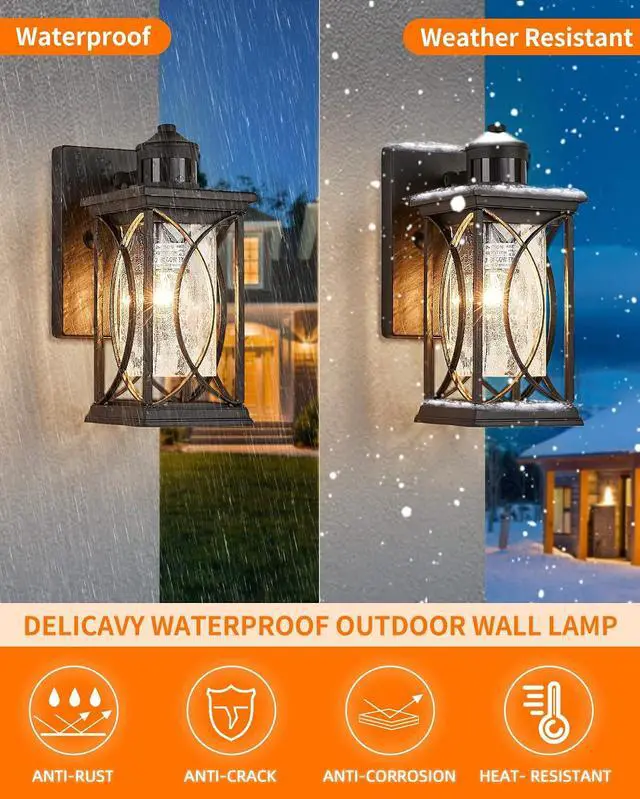 Alt view image 7 of 7 - Motion Sensor Outdoor Wall Light with Dimmable Bulb, Modern Dusk to Dawn Exterior Light Fixture Wall Mount Porch Light Black with Crack-Like Glass Coach Lantern for House Garage