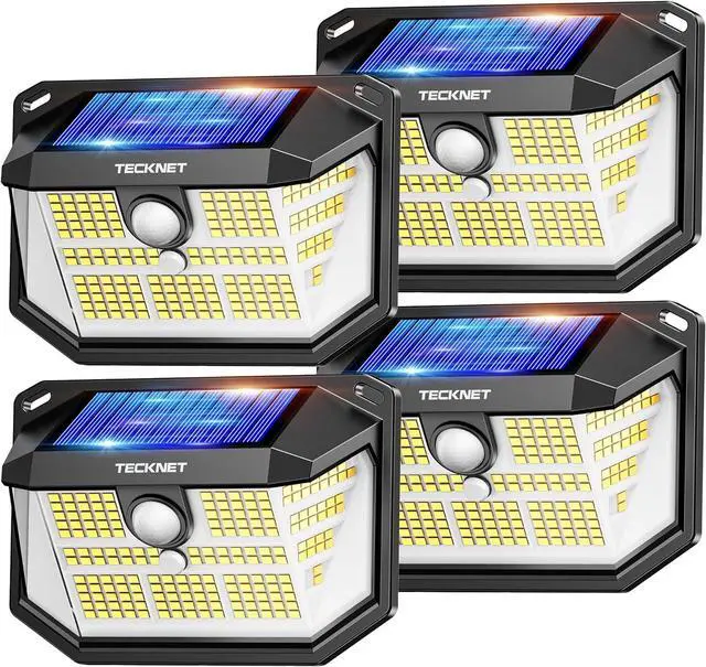 Main image of TECKNET 231 LED Solar Motion Lights Outdoor, 300° Angle & 3 Lighting Modes, PIR Motion Sensor & IP65 Security Solar Wall Lights for Fence Front Door Yard Deck Garden Garage(4 Pack)