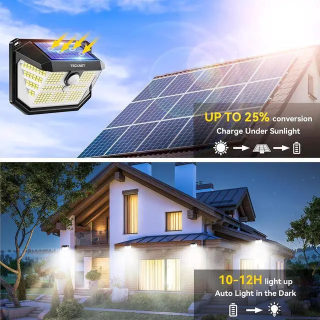 Alt view image 2 of 7 - TECKNET 231 LED Solar Motion Lights Outdoor, 300° Angle & 3 Lighting Modes, PIR Motion Sensor & IP65 Security Solar Wall Lights for Fence Front Door Yard Deck Garden Garage(4 Pack)
