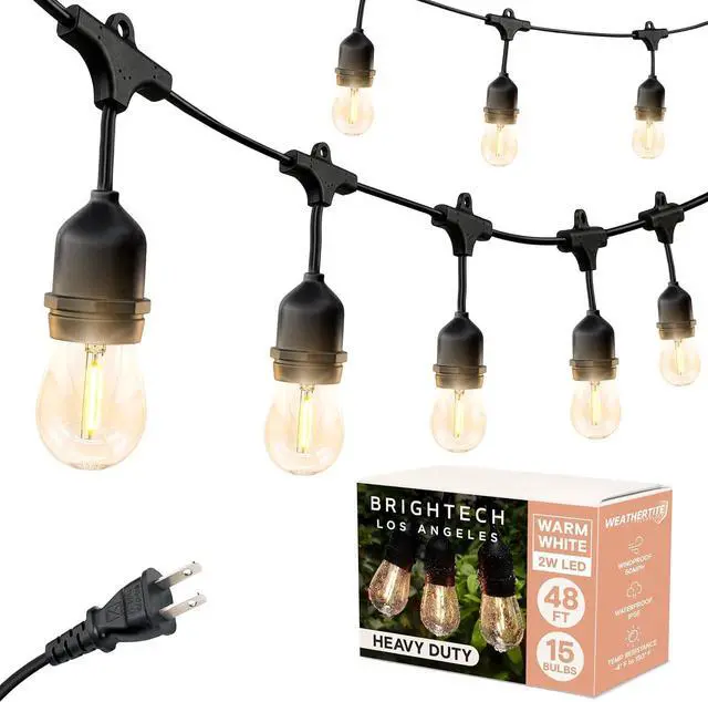 Main image of Brightech Ambience Pro - Waterproof LED Outdoor String Lights - 15 Hanging, Dimmable 2W Vintage Edison Bulbs - 48 Ft Commercial Grade Patio Lights Create Cafe Ambience in Your Backyard