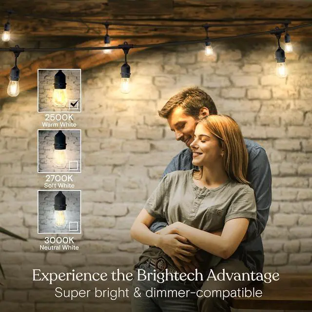 Alt view image 4 of 7 - Brightech Ambience Pro - Waterproof LED Outdoor String Lights - 15 Hanging, Dimmable 2W Vintage Edison Bulbs - 48 Ft Commercial Grade Patio Lights Create Cafe Ambience in Your Backyard