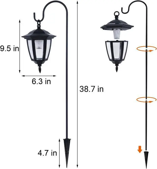 Alt view image 3 of 7 - Dynaming 6 Pack Solar Hanging Lights Outdoor, Solar Powered Garden Decorative Lanterns with 6 x 38 Inch Shepherd Hooks, Waterproof Landscape Lighting for Lawn Patio Yard Pathway Driveway, Warm White