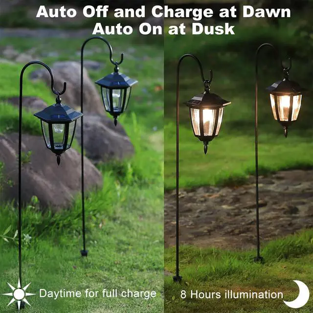 Alt view image 2 of 7 - Dynaming 6 Pack Solar Hanging Lights Outdoor, Solar Powered Garden Decorative Lanterns with 6 x 38 Inch Shepherd Hooks, Waterproof Landscape Lighting for Lawn Patio Yard Pathway Driveway, Warm White