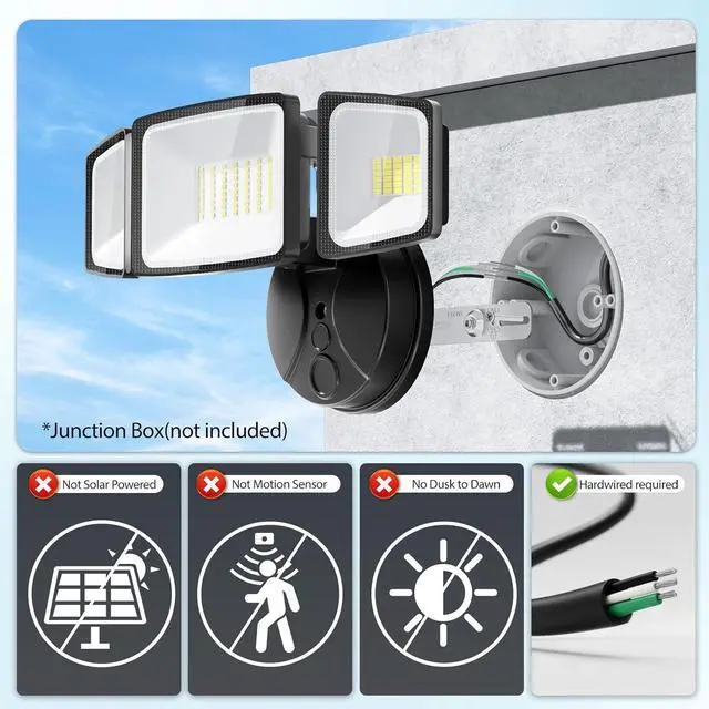 Alt view image 2 of 7 - Onforu 2 Pack 75W Flood Lights Outdoor, 7000LM LED Flood Lighting Outdoor Switch Controlled, IP65 Waterproof Exterior Floodlight Fixture with 3 Adjustable Heads, 6500K Security Light for Garage Yard