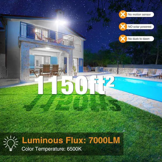 Alt view image 3 of 7 - Onforu 2 Pack 75W Flood Lights Outdoor, 7000LM LED Flood Lighting Outdoor Switch Controlled, IP65 Waterproof Exterior Floodlight Fixture with 3 Adjustable Heads, 6500K Security Light for Garage Yard