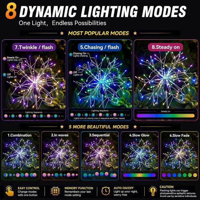 Alt view image 4 of 7 - suddus Solar Garden Lights Outdoor Waterproof Decorative, 2Pack 150LED Firework Lights 8 Modes, Multicolor Solar Fairy Light for Yard, Patio, Pathway, Flowerbed Party Wedding Decor