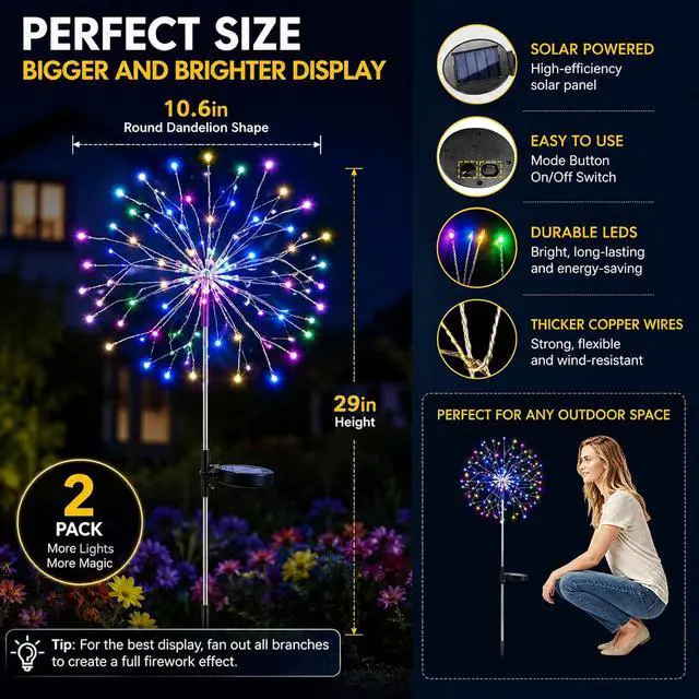 Alt view image 5 of 7 - suddus Solar Garden Lights Outdoor Waterproof Decorative, 2Pack 150LED Firework Lights 8 Modes, Multicolor Solar Fairy Light for Yard, Patio, Pathway, Flowerbed Party Wedding Decor