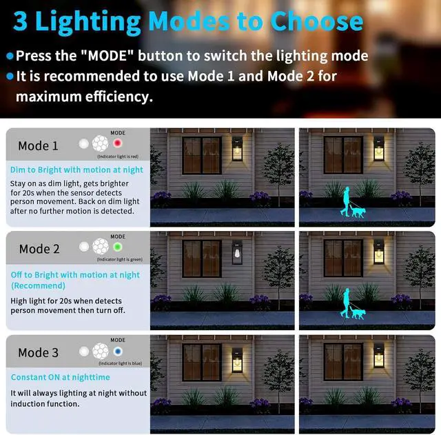 Alt view image 4 of 7 - Solar Wall Lights Outdoor with 3 Lighting Modes & Motion Sensor, Solar Porch Light with 2 Bulbs, Waterproof Outdoor Wall Sconce Lantern Lamp Fixture for Garage Porch Shed Barn Yard Garden Front Door