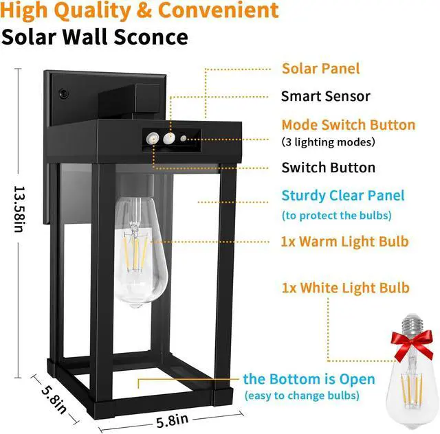 Alt view image 5 of 7 - Solar Wall Lights Outdoor with 3 Lighting Modes & Motion Sensor, Solar Porch Light with 2 Bulbs, Waterproof Outdoor Wall Sconce Lantern Lamp Fixture for Garage Porch Shed Barn Yard Garden Front Door