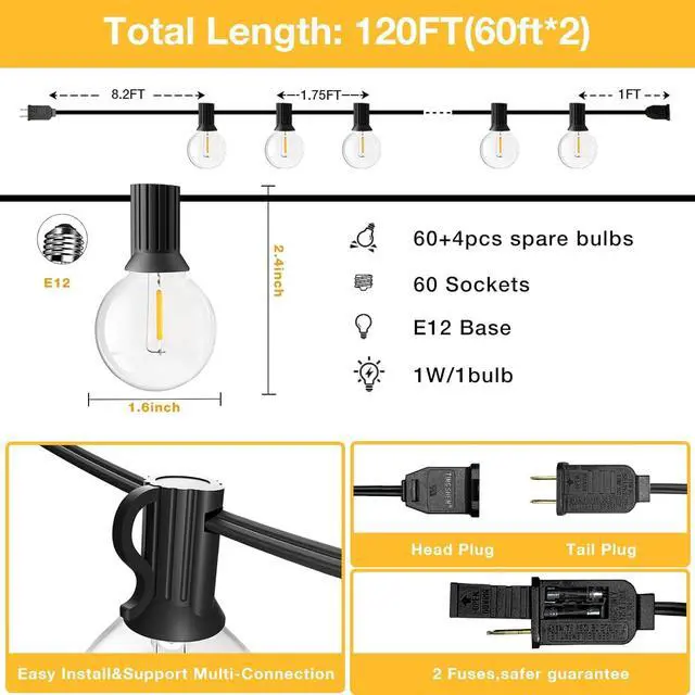 Alt view image 7 of 7 - GLUROO 120FT Outdoor String Lights, G40 LED Patio Lights with 64pcs Bulbs, Waterproof Shatterproof Dimmable Globe Hanging Outdoor Cafe Bistro Porch Outside Light, 2Packs * 60ft