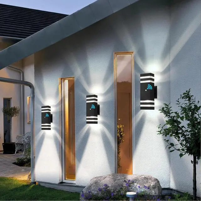 Alt view image 2 of 7 - tewei 4 Pack Dusk to Dawn Outdoor Wall Lights Modern Exterior Light Fixture, 2-Layer Black Outside Lights for House, IP65 Waterproof Up and Down Outdoor Sconces Wall Lighting for Garage Porch, 3000K