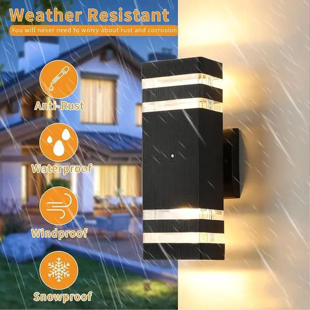 Alt view image 4 of 7 - tewei 4 Pack Dusk to Dawn Outdoor Wall Lights Modern Exterior Light Fixture, 2-Layer Black Outside Lights for House, IP65 Waterproof Up and Down Outdoor Sconces Wall Lighting for Garage Porch, 3000K
