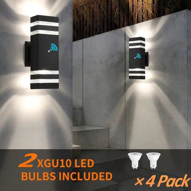 Alt view image 6 of 7 - tewei 4 Pack Dusk to Dawn Outdoor Wall Lights Modern Exterior Light Fixture, 2-Layer Black Outside Lights for House, IP65 Waterproof Up and Down Outdoor Sconces Wall Lighting for Garage Porch, 3000K