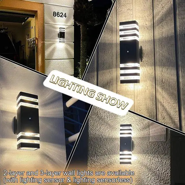 Alt view image 7 of 7 - tewei 4 Pack Dusk to Dawn Outdoor Wall Lights Modern Exterior Light Fixture, 2-Layer Black Outside Lights for House, IP65 Waterproof Up and Down Outdoor Sconces Wall Lighting for Garage Porch, 3000K