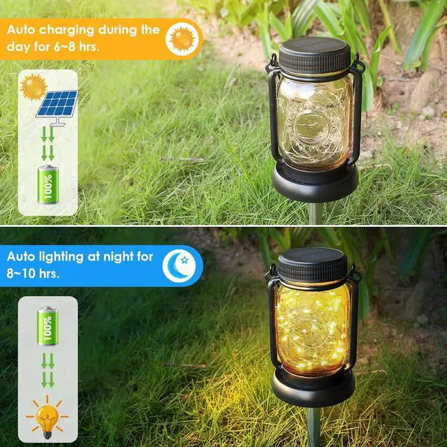 Alt view image 2 of 7 - Mlambert 4 Pack Solar Hanging Lantern with Stakes, Outdoor Waterproof Solar Mason Jar Fairy String Lights Decorative Vintage Glass Lamp-Warm White