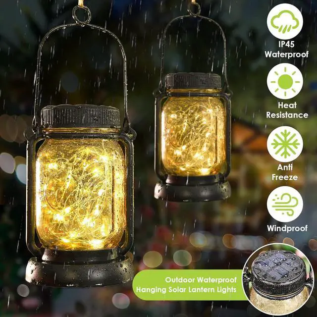 Alt view image 3 of 7 - Mlambert 4 Pack Solar Hanging Lantern with Stakes, Outdoor Waterproof Solar Mason Jar Fairy String Lights Decorative Vintage Glass Lamp-Warm White