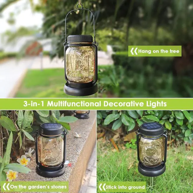 Alt view image 6 of 7 - Mlambert 4 Pack Solar Hanging Lantern with Stakes, Outdoor Waterproof Solar Mason Jar Fairy String Lights Decorative Vintage Glass Lamp-Warm White
