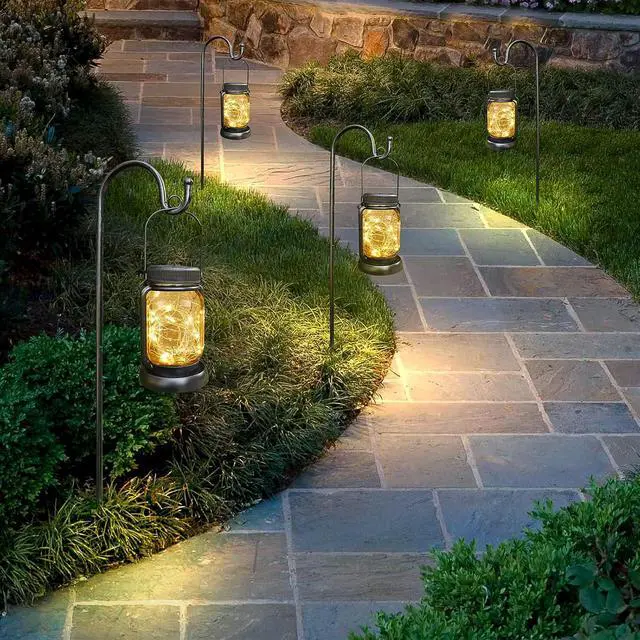 Alt view image 7 of 7 - Mlambert 4 Pack Solar Hanging Lantern with Stakes, Outdoor Waterproof Solar Mason Jar Fairy String Lights Decorative Vintage Glass Lamp-Warm White