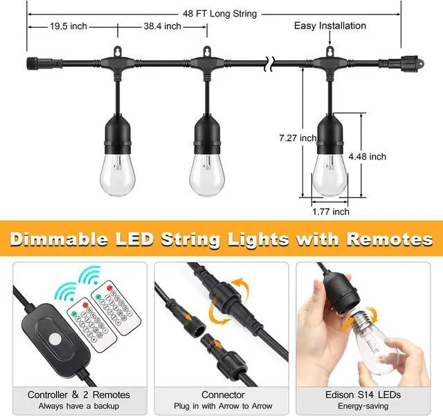 Alt view image 6 of 7 - Mlambert 3 Color Outdoor LED Dimmable String Lights for Patio with Remote, Plug in 48FT Waterproof Shatterproof Edison Bulb Lights for Bistro Pergola