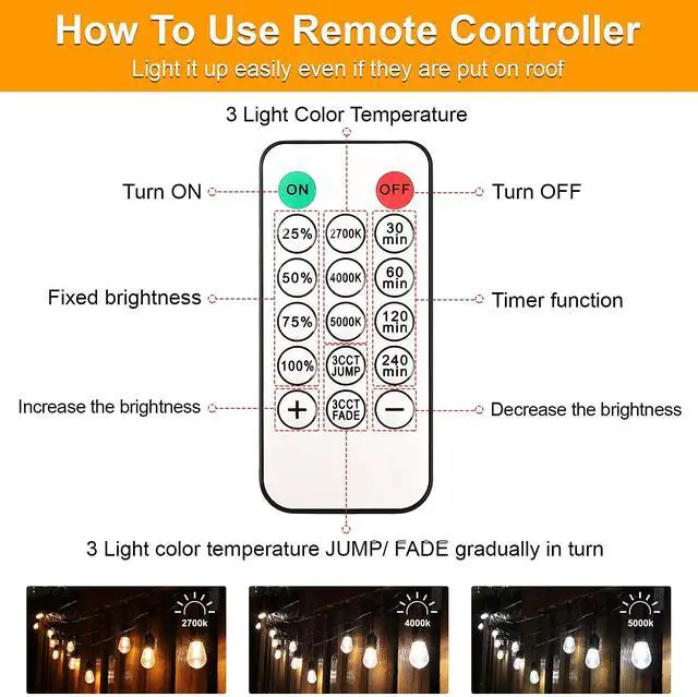 Alt view image 7 of 7 - Mlambert 3 Color Outdoor LED Dimmable String Lights for Patio with Remote, Plug in 48FT Waterproof Shatterproof Edison Bulb Lights for Bistro Pergola