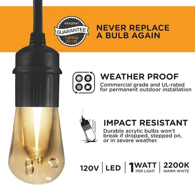 Alt view image 5 of 7 - Enbrighten LED Outdoor String Lights 48ft Soft Warm White Patio Lights with Ultra-Durable Shatterproof and Waterproof Acrylic Bulbs for Balcony, Backyard, Porch, Gazebo, Deck, Party and Market, 35631