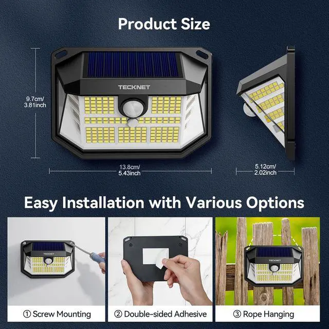 Alt view image 7 of 7 - TECKNET 231 LED Solar Motion Lights Outdoor, 300° Angle & 3 Lighting Modes, PIR Motion Sensor & IP65 Security Solar Wall Lights for Fence Front Door Yard Deck Garden Garage(4 Pack)