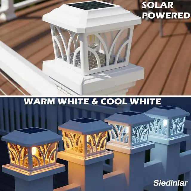 Alt view image 2 of 6 - SIEDiNLAR Solar Post Cap Lights Outdoor, Aluminum Glass 2 Modes Edison LED Bulbs for 4x4 5x5 6x6 Vinyl/Wooden Posts Fence Deck Patio Decor, Warm White/Cool White Lighting 4 Pack (White)