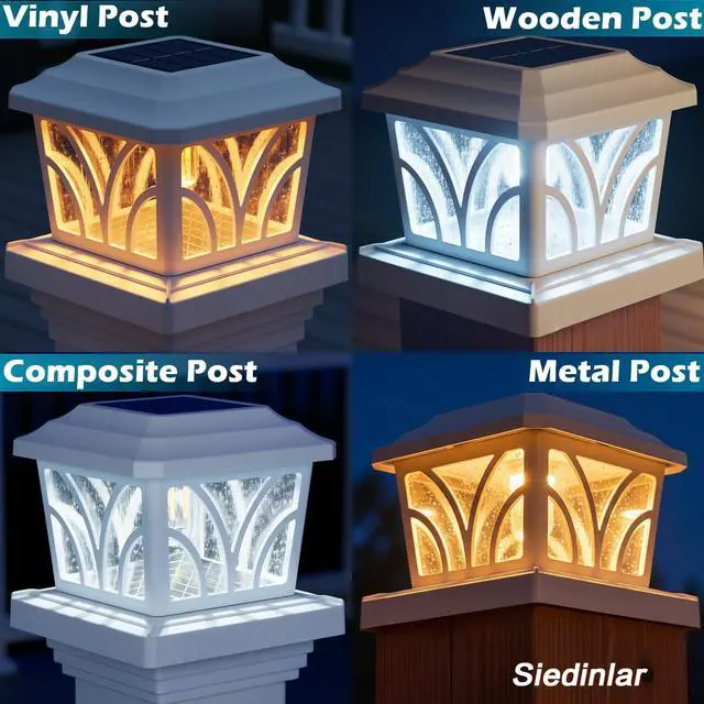 Alt view image 3 of 6 - SIEDiNLAR Solar Post Cap Lights Outdoor, Aluminum Glass 2 Modes Edison LED Bulbs for 4x4 5x5 6x6 Vinyl/Wooden Posts Fence Deck Patio Decor, Warm White/Cool White Lighting 4 Pack (White)