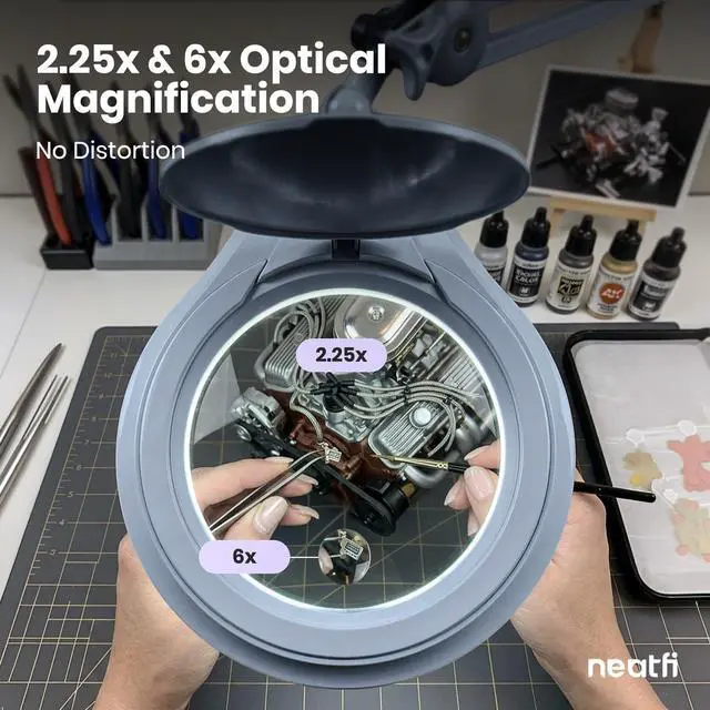 Alt view image 3 of 7 - Neatfi LED Bifocal Magnifying Lamp 1,200 Lumens 5 Glass Lens, Dual Magnification 2.25X/6X, Dimmable | Adjustable Arm with Clamp | Crafting, Jewelry & Reading (5 Diopter + 20 Diopter, Gray)