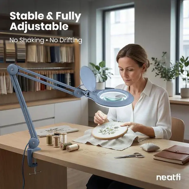 Alt view image 5 of 7 - Neatfi LED Bifocal Magnifying Lamp 1,200 Lumens 5 Glass Lens, Dual Magnification 2.25X/6X, Dimmable | Adjustable Arm with Clamp | Crafting, Jewelry & Reading (5 Diopter + 20 Diopter, Gray)