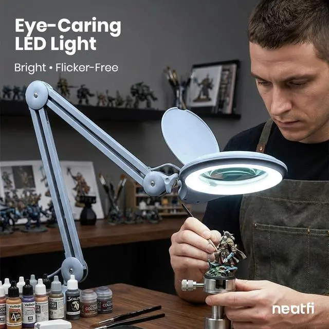 Alt view image 4 of 7 - Neatfi LED Bifocal Magnifying Lamp 1,200 Lumens 5 Glass Lens, Dual Magnification 2.25X/6X, Dimmable | Adjustable Arm with Clamp | Crafting, Jewelry & Reading (5 Diopter + 20 Diopter, Gray)
