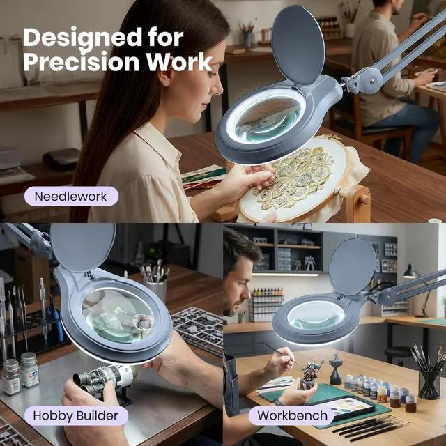 Alt view image 6 of 7 - Neatfi LED Bifocal Magnifying Lamp 1,200 Lumens 5 Glass Lens, Dual Magnification 2.25X/6X, Dimmable | Adjustable Arm with Clamp | Crafting, Jewelry & Reading (5 Diopter + 20 Diopter, Gray)