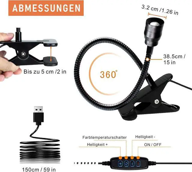 Alt view image 5 of 7 - YMCRLUX Zoomable LED Reading Lights for Bed Headboard, Clip on Spotlight Lamp for Desk, Dorm Bed, Dimmable USB Clamp Book Light with Flexible Gooseneck, Adjustable Beam Angle 15°-80°