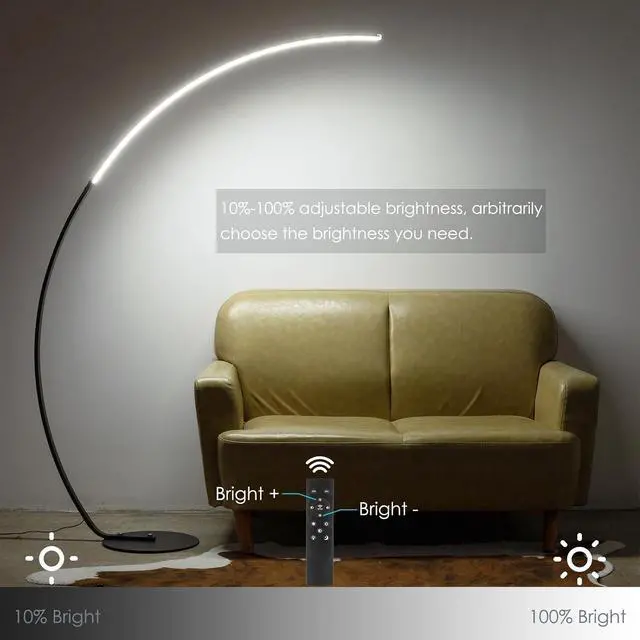 Alt view image 3 of 7 - NUÜR Arc Floor Lamp, 67" Tall Black Gold LED Modern Standing Floor Lamp with Remote Control, Arched Bright Floor Lamps for Living Room Bedroom Office Home (Black)