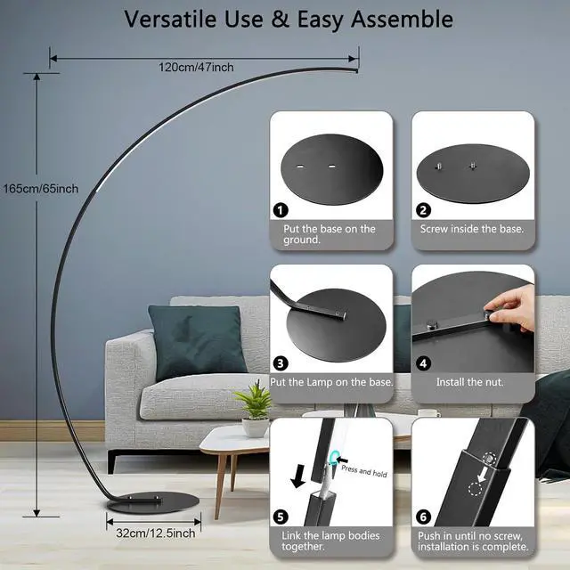 Alt view image 5 of 7 - NUÜR Arc Floor Lamp, 67" Tall Black Gold LED Modern Standing Floor Lamp with Remote Control, Arched Bright Floor Lamps for Living Room Bedroom Office Home (Black)