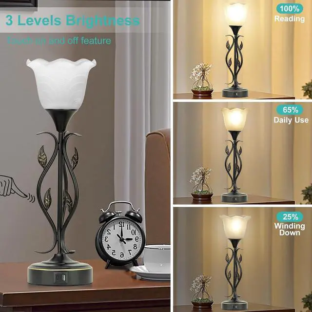 Alt view image 3 of 7 - Bedside Lamps Set of 2, Table Lamp with USB Port 3 Way Dimmable Touch lamp Torchiere Nightstand Lamps with Rustic Vines Leaf and Glass Flower Shade lamp for Bedroom, Living Room, Office