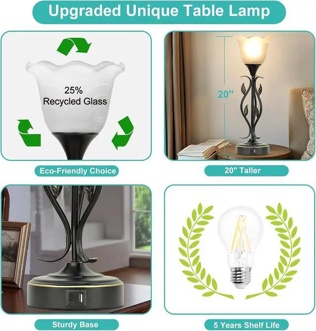 Alt view image 5 of 7 - Bedside Lamps Set of 2, Table Lamp with USB Port 3 Way Dimmable Touch lamp Torchiere Nightstand Lamps with Rustic Vines Leaf and Glass Flower Shade lamp for Bedroom, Living Room, Office