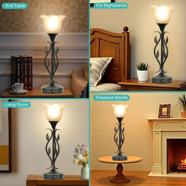 Alt view image 6 of 7 - Bedside Lamps Set of 2, Table Lamp with USB Port 3 Way Dimmable Touch lamp Torchiere Nightstand Lamps with Rustic Vines Leaf and Glass Flower Shade lamp for Bedroom, Living Room, Office