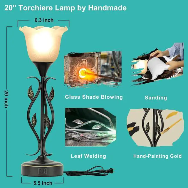 Alt view image 2 of 7 - Bedside Lamps Set of 2, Table Lamp with USB Port 3 Way Dimmable Touch lamp Torchiere Nightstand Lamps with Rustic Vines Leaf and Glass Flower Shade lamp for Bedroom, Living Room, Office