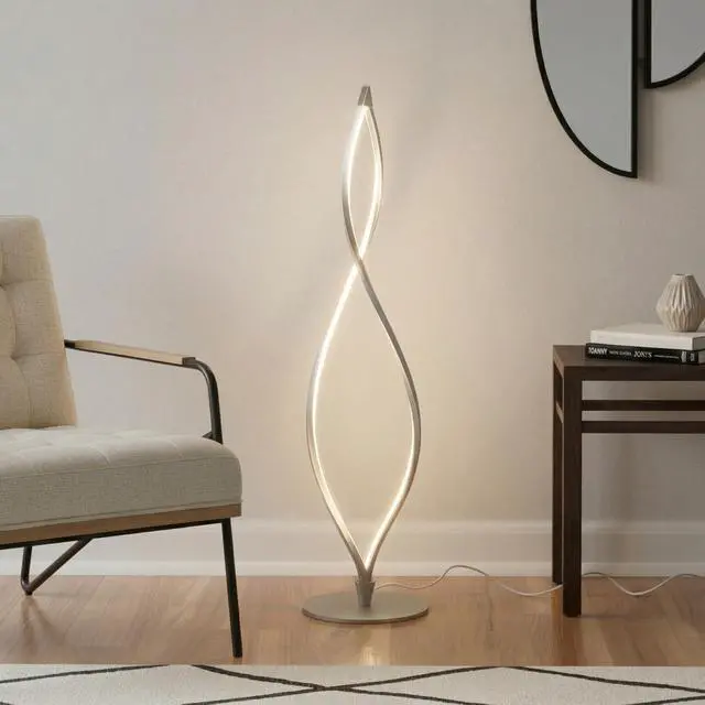 Alt view image 2 of 7 - Brightech Twist Floor Lamp, Bright Tall Lamp for Offices, Modern LED Spiral Lamp for Living Rooms, Dimmable Standing Lamp with Sturdy Base for Bedroom Reading, Great Living Room Decor - Silver