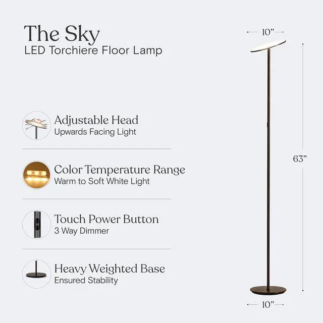 Alt view image 3 of 7 - Brightech Sky Flux Dimmable LED Floor Lamp Super Bright Floor Lamp with 3 Light Modes for Living Room, Office Torchiere Standing Touch-Lamp, Tall Torch Lamp for Bedroom & Reading - Bronze