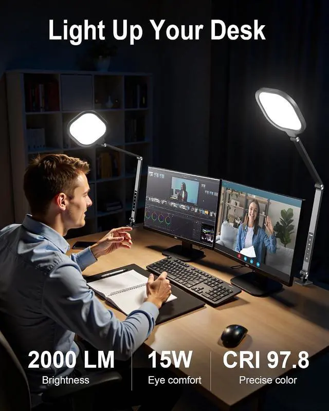 Alt view image 2 of 7 - Desk Lamps for Home Office, 2000LM Eye-Caring Desk Light with Clamp, Dimmable Zoom Lighting with 3 Colors & 10 Brightness, Remote Computer Ring Light for Video Calls,Conference, Reading, CRI>97.8