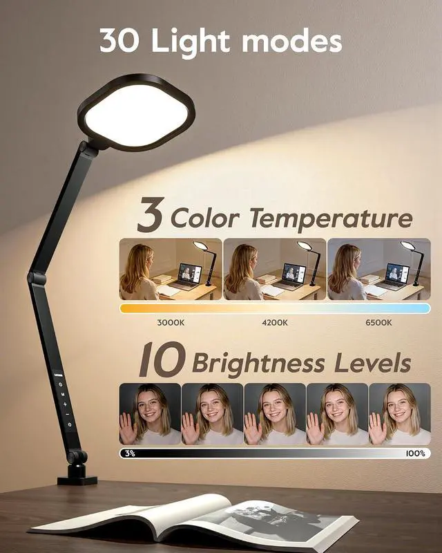 Alt view image 4 of 7 - Desk Lamps for Home Office, 2000LM Eye-Caring Desk Light with Clamp, Dimmable Zoom Lighting with 3 Colors & 10 Brightness, Remote Computer Ring Light for Video Calls,Conference, Reading, CRI>97.8