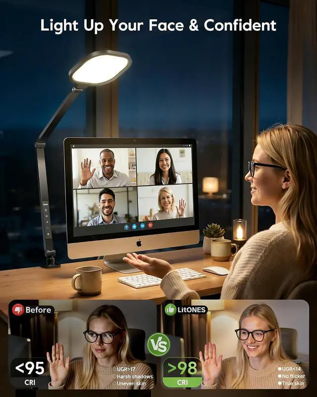 Alt view image 7 of 7 - Desk Lamps for Home Office, 2000LM Eye-Caring Desk Light with Clamp, Dimmable Zoom Lighting with 3 Colors & 10 Brightness, Remote Computer Ring Light for Video Calls,Conference, Reading, CRI>97.8