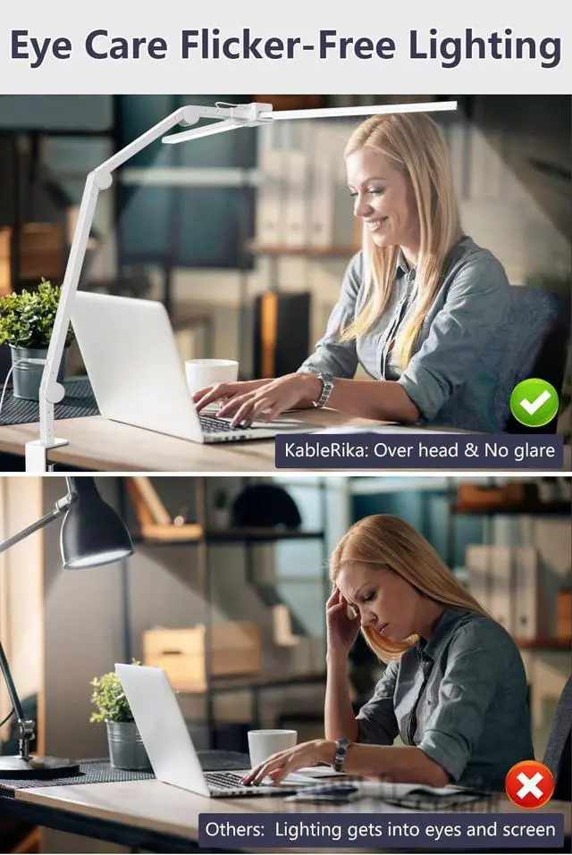 Alt view image 7 of 7 - KableRika Desk Lamp,Double Head Desk Lamp with Clamp,24W Led Desk Lights for Home Office Ultra Bright Architect Table Lamp 4 Brightness 4 Color,Auto Dimming Task Lamp for Monitor Work Study White