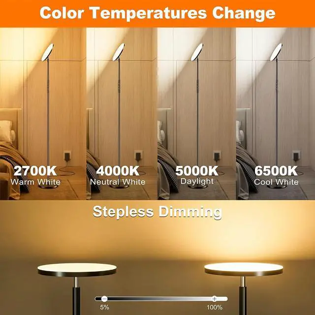 Alt view image 2 of 6 - Yikuneng Super Bright Floor Lamp for Living Room, Stepless Dimmable LED Standing Lamp with Remote and Touch Control, 69 Tall Torchiere Corner Lamp for Bedroom Office Hotel, Black