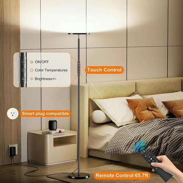 Alt view image 4 of 6 - Yikuneng Super Bright Floor Lamp for Living Room, Stepless Dimmable LED Standing Lamp with Remote and Touch Control, 69 Tall Torchiere Corner Lamp for Bedroom Office Hotel, Black