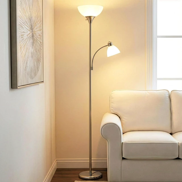 Alt view image 2 of 7 - Brightech Sky Dome Plus LED Floor lamp, Torchiere Super Bright Floor Lamp with Reading Lamp for Living Rooms & Offices - Dimmable Tall Standing Lamp for Bedroom Reading - Silver
